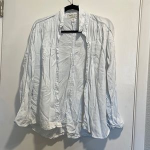Anthropologie distressed white linen bottom down shirt with embroidered sleeves